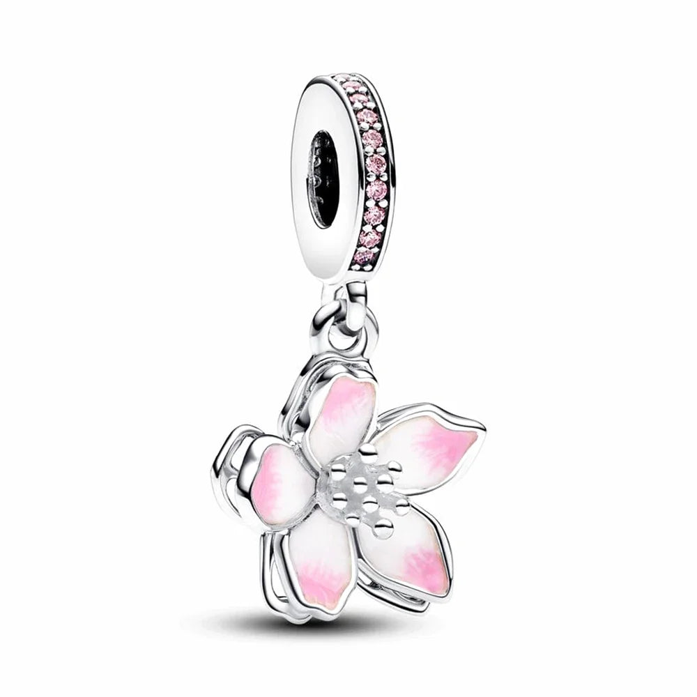 925 Silver Pink Cherry Blossom 🌸 Dangle Charm Bead for Pandora Bracelet