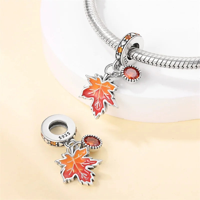 925 Sterling Silver Squirrel & Maple Leaf Charm | Shiny Zircon Autumn Beads Fit Pandora Bracelet DIY Jewelry