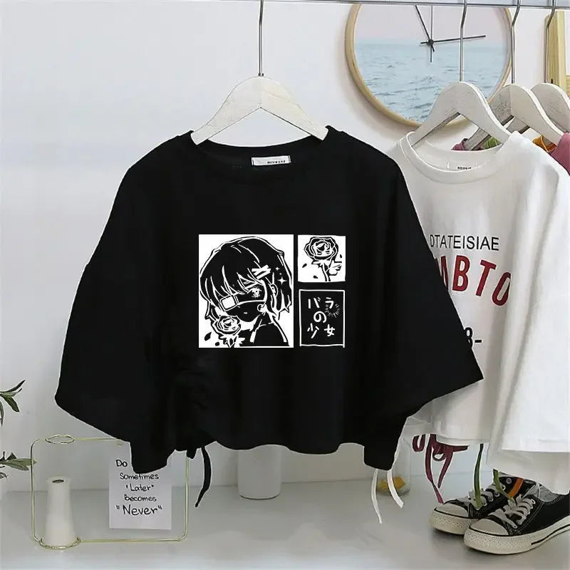 Women’s Drawstring Cotton T-Shirt | Loose O-Neck Drop Sleeve Pullover | Spring Summer Casual Solid Knit Top