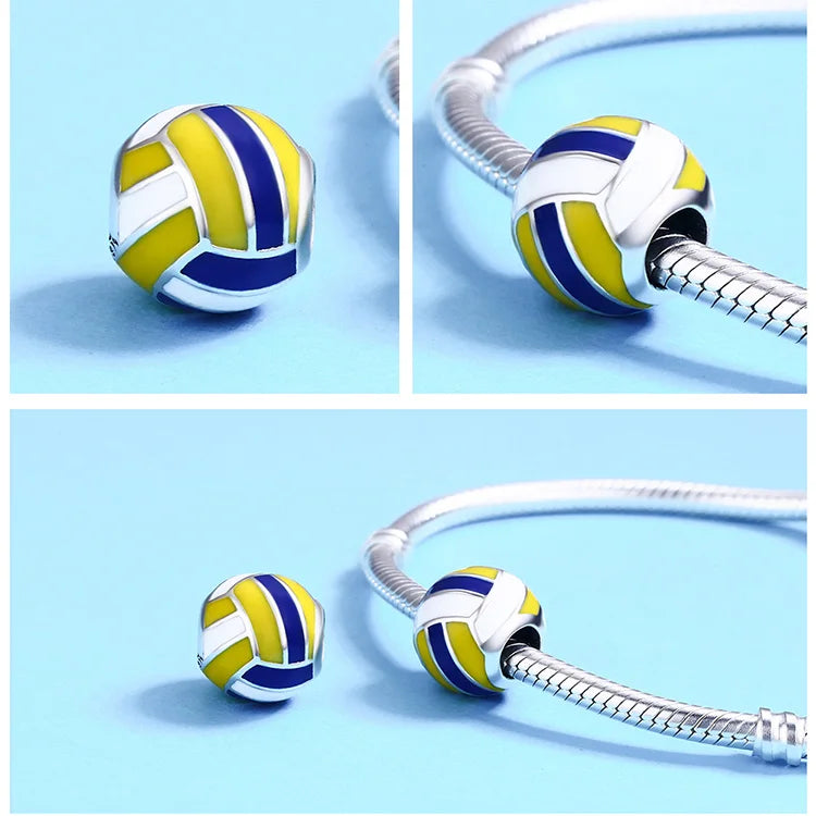 BISAER 925 Sterling Silver Ball Series Charms – Football, Volleyball, Tennis & Basketball Beads Fit Pandora Bracelet DIY Jewelry