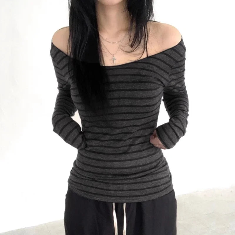 Y2K Grunge Emo Vintage Striped Off Shoulder Long Sleeve Top for Women – Black Grey Retro Goth Tee