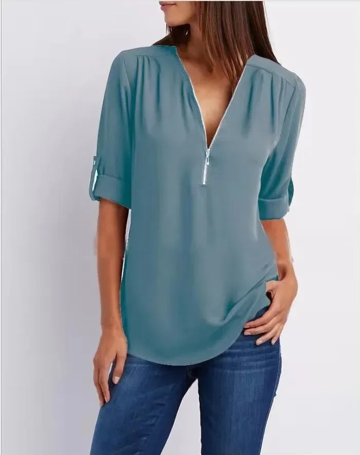2025 Women’s Chiffon Blouse | Sexy Deep V-Neck Zipper Pullover Loose Fashion Top Plus Size