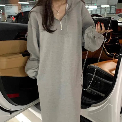 Women’s Winter Collar Zip Dress – Loose Lazy Long Sleeve H-Line Polyester Dress with Zipper, Commute Casual Wear