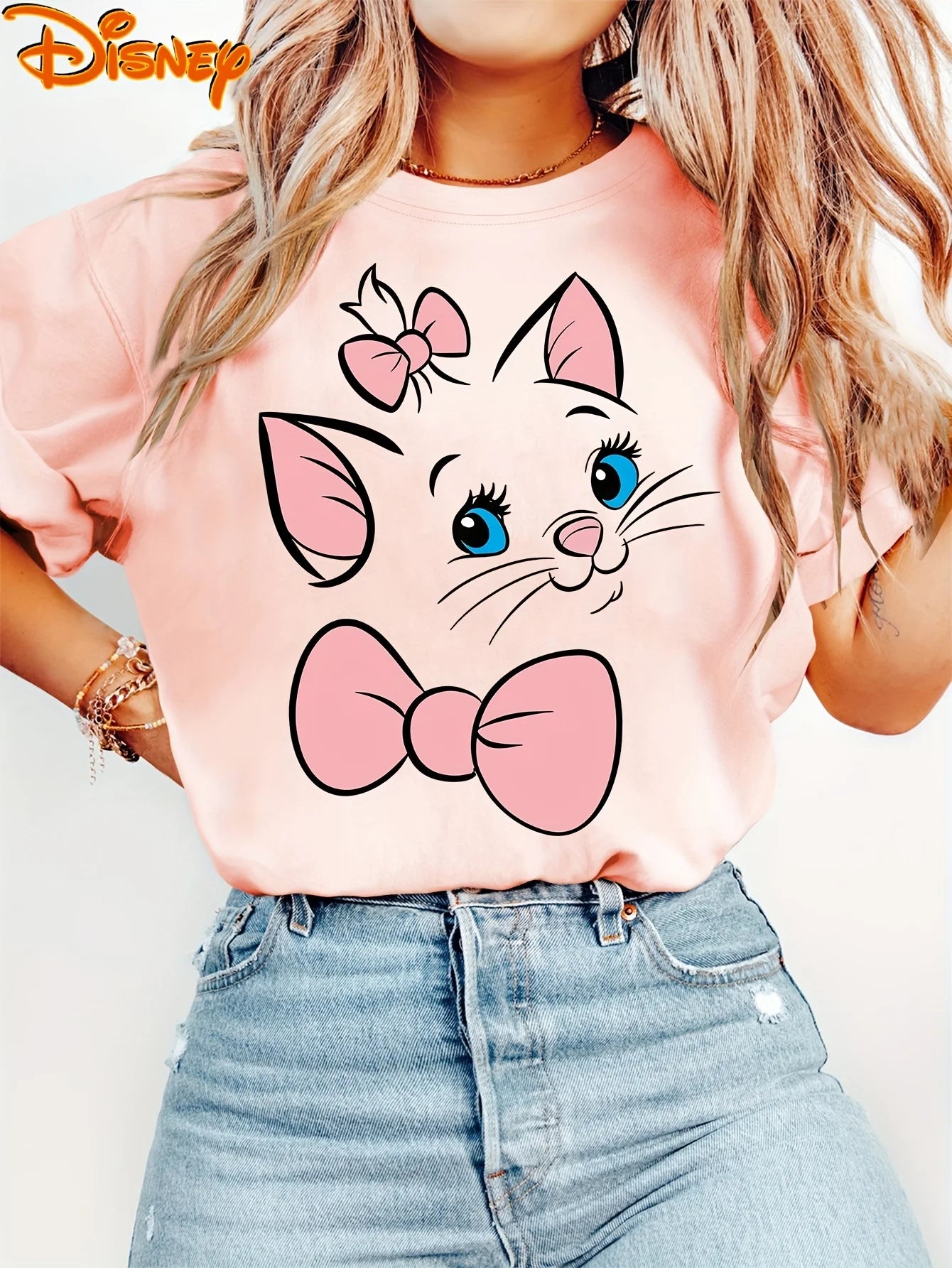 Women’s Disney Marie Cat & Pink Bow T-Shirt – Men Cotton Oversize O-Neck Casual Tee