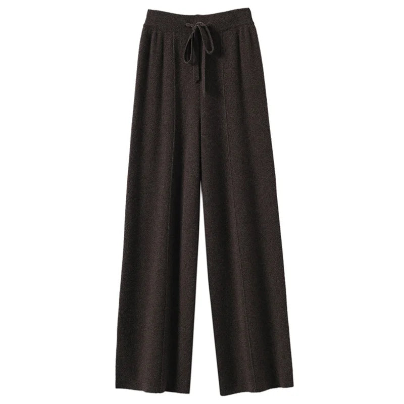 High Waist Knitted Wool Wide Leg Pants – Extended Length Drawstring Casual Loose Slimming Trousers for Autumn & Winter
