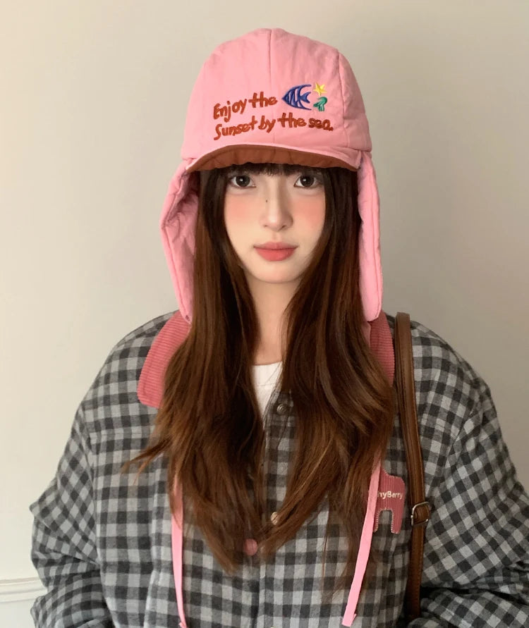 Korean Cute Alphabet Embroidery Thickened Lei Feng Hat Women's Winter Outdoor Cycling Warm Ear Hat Ski Hat