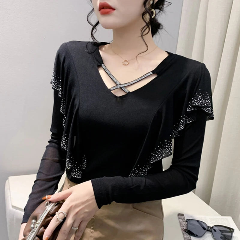 2025 Autumn Women’s Mesh Top – Korean Round Neck Ruffles & Diamond Detail Long Sleeve T-Shirt 🍂✨