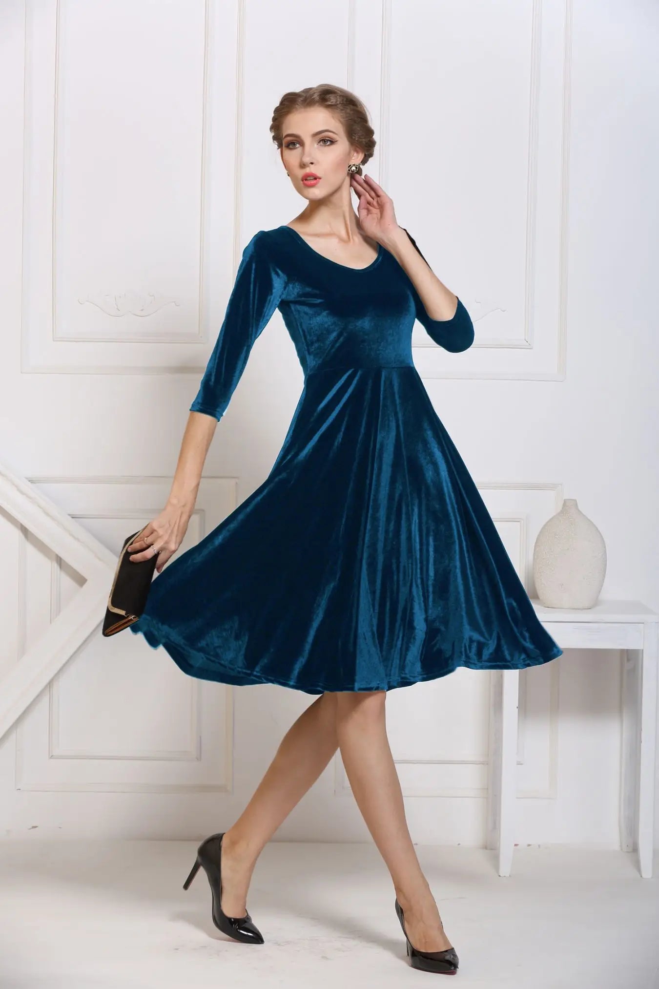 2025 Autumn Winter Navy Velvet Midi Dress – Three-Quarter Sleeve Elegant Evening & Bridesmaid Dress
