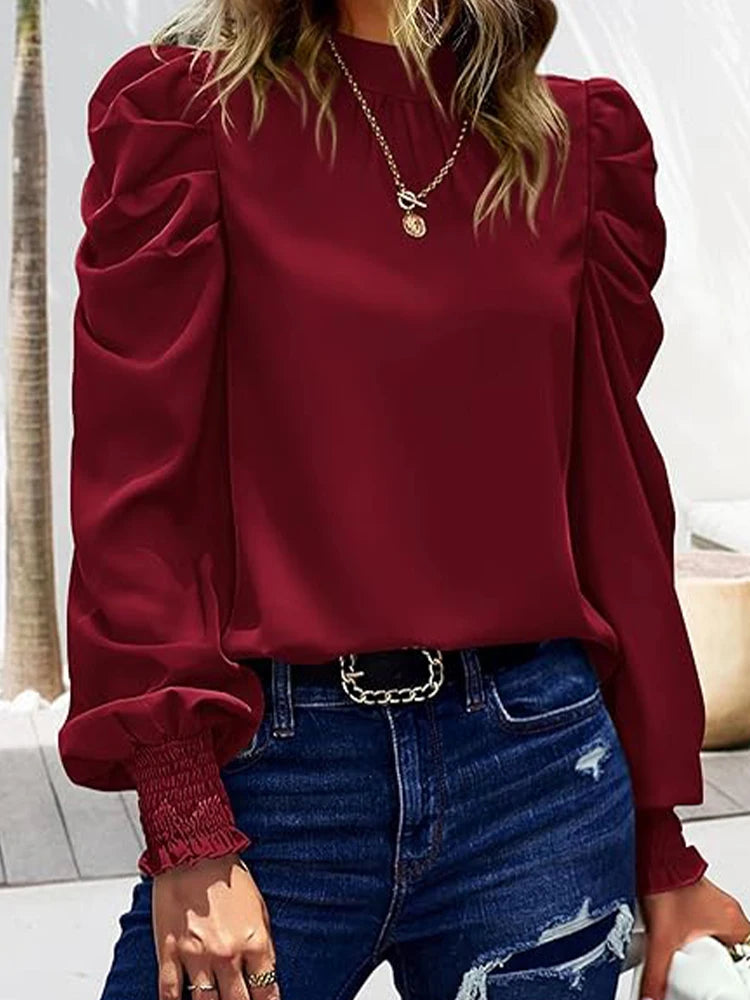 Women’s Satin Puff Sleeve Shirt – Retro Elegant Long Sleeve Turtleneck Top 👚✨