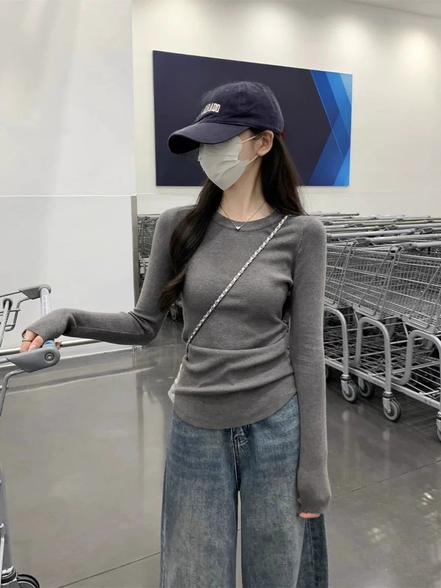 Easy Round Neck Long Sleeve Base Layer Top – Women’s Slim Fit Korean Style Inner Wear T-Shirt for Commute & Daily Wear