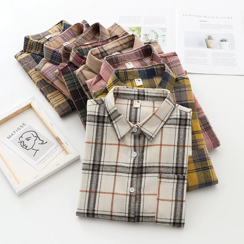 Women’s Plaid Shirt | Spring Autumn Long Sleeve Blouse | Casual Cotton Checkered Top