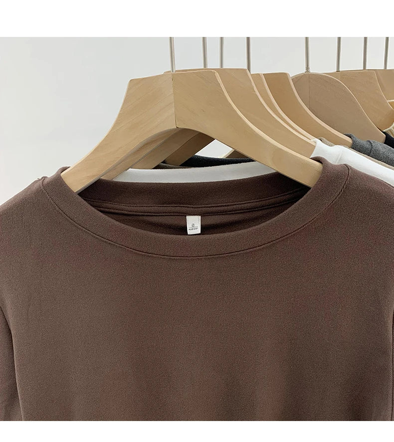 Women's Round Neck Fleece-Lined Long Sleeve Base T-Shirt ❄️ Slimming Inner Wear 👚 Korean Style Commute Fashion 🌟