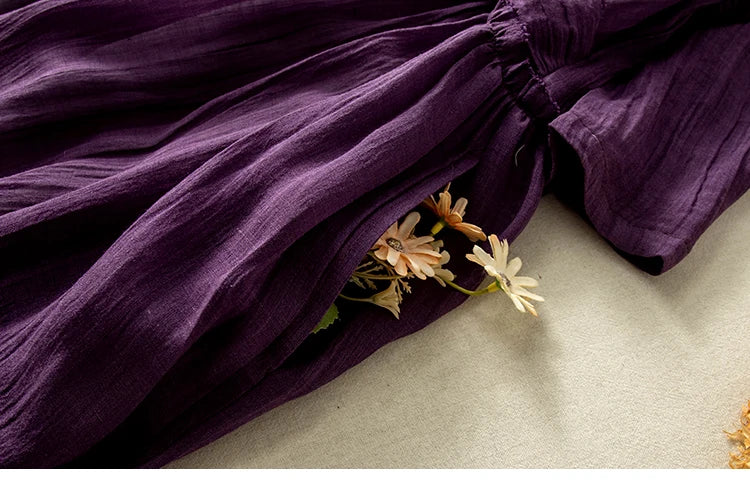 Women’s Summer Lightweight Cotton Dress – Long Sleeve Loose Waist A-Line Retro Dress with Belted Splice