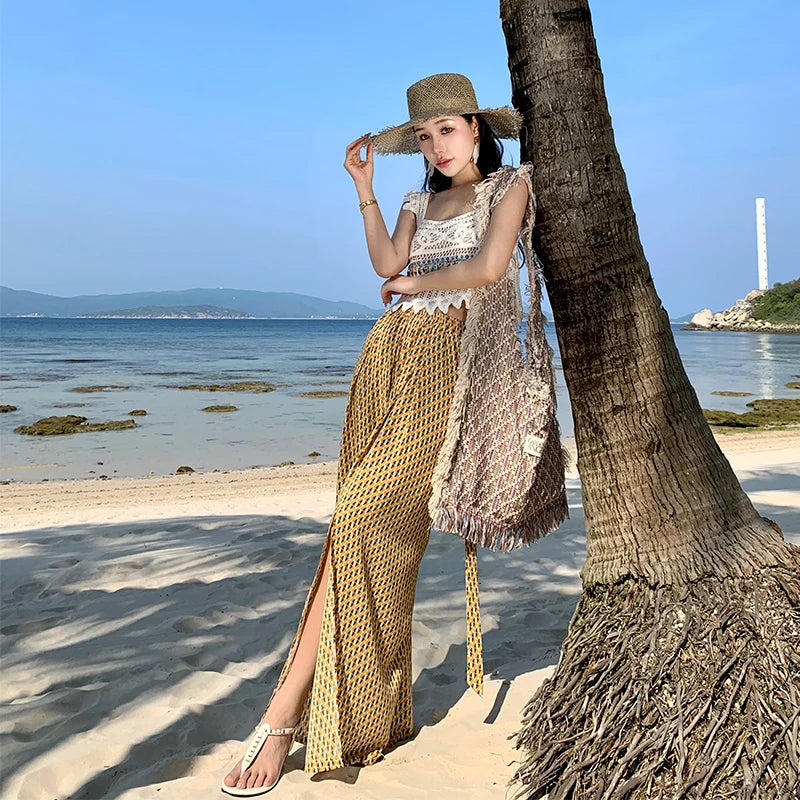 Vacation Style High Waist Wide Leg Pants – Thin Long Ethnic Print Pants for Beach & Holiday Wear