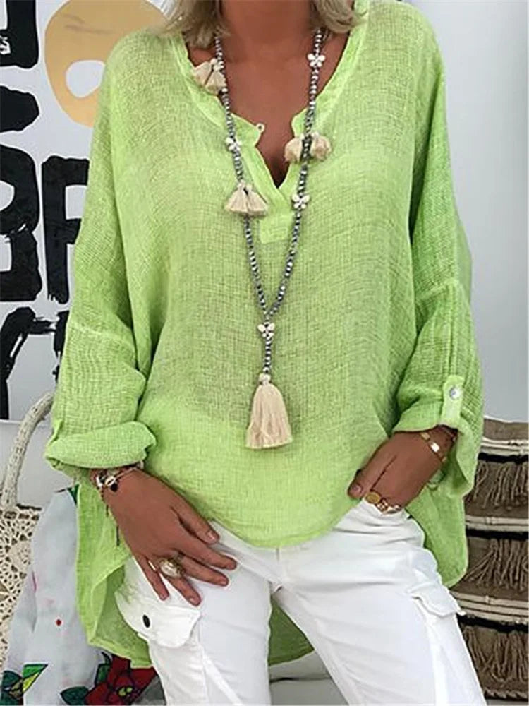 Women’s Loose V-Neck Long Sleeve Blouse | 6-Color Casual Solid Top for Spring & Autumn