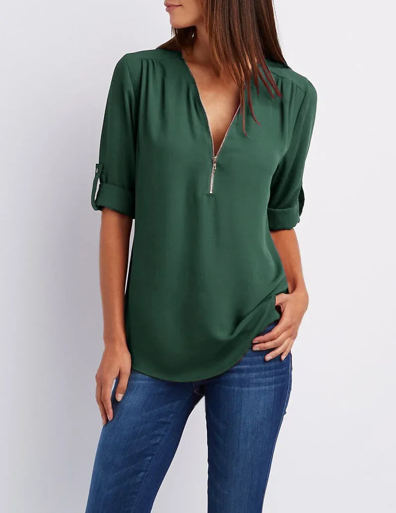 2025 Women’s Chiffon Blouse | Sexy Deep V-Neck Zipper Pullover Loose Fashion Top Plus Size