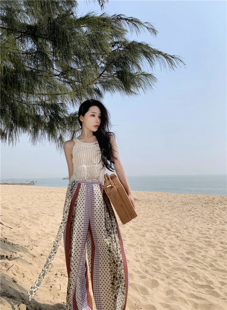 Vacation Style High Waist Wide Leg Pants – Thin Long Ethnic Print Pants for Beach & Holiday Wear
