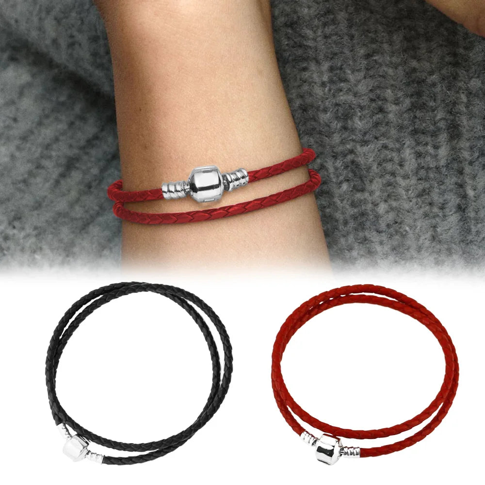 925 Sterling Silver Double Black Leather Bracelet | Classic Fashion Jewelry Gift for Women