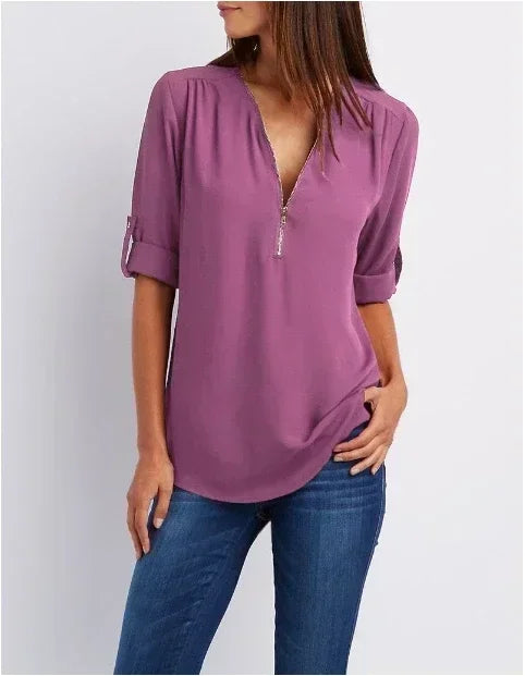 Summer Women’s Chiffon Blouse | Deep V-Neck Zipper Tops | Casual Loose Long Sleeve Plus Size Shirt