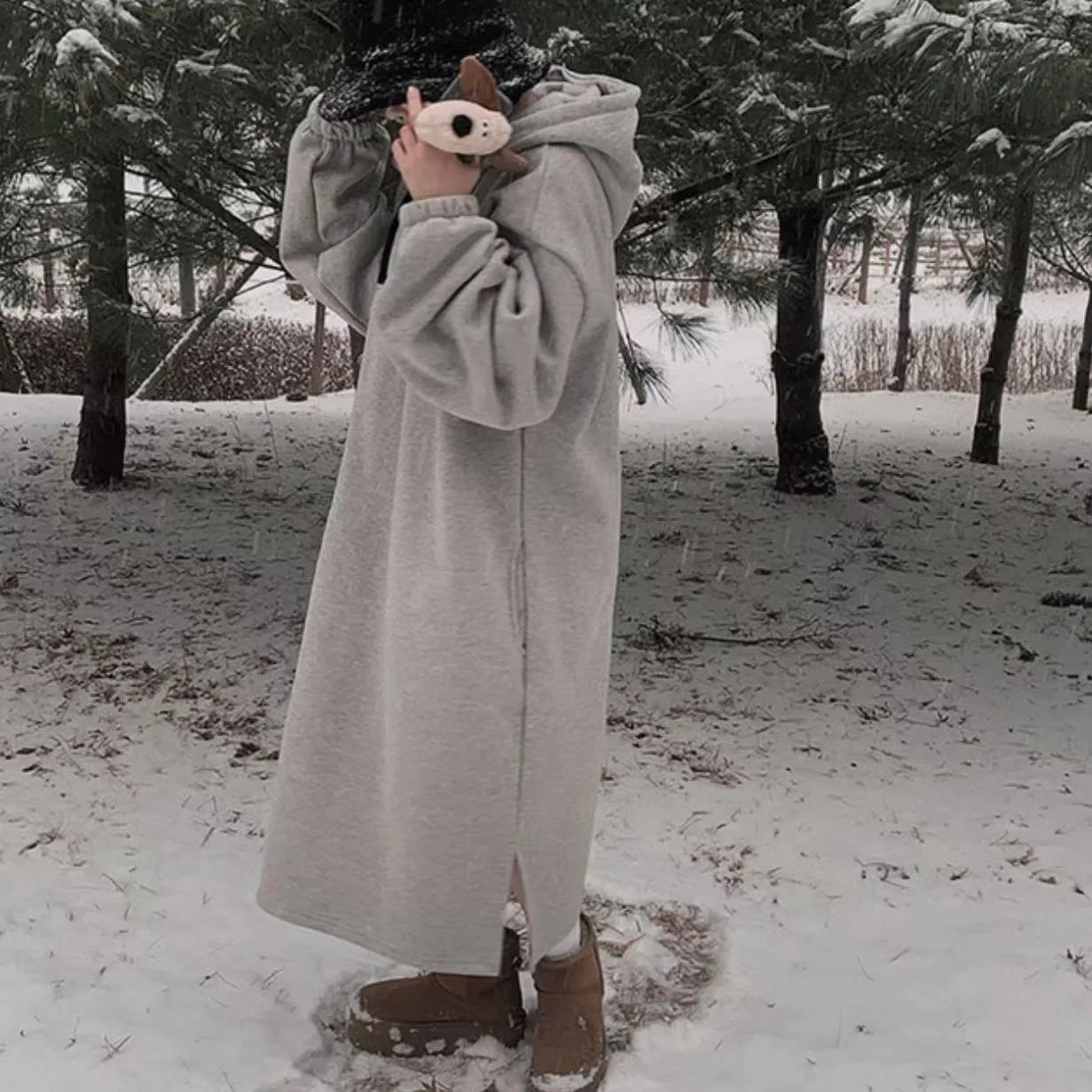 Chic Winter College Long Hoodie Dress ❄️ Lazy Fleece A-Line Side Slit Dress 👗 Pure Color Polyester Fiber 🧵