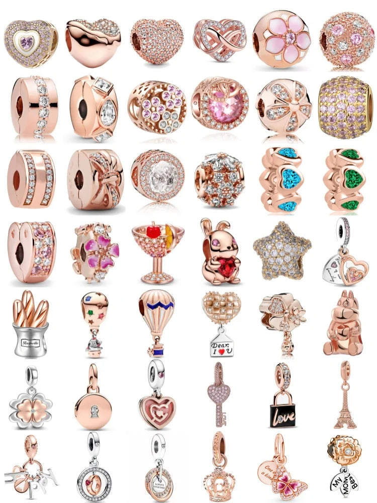 925 Sterling Silver Rose Gold Rabbit & Eiffel Tower Charm | Fit Original European Bracelet DIY Jewelry