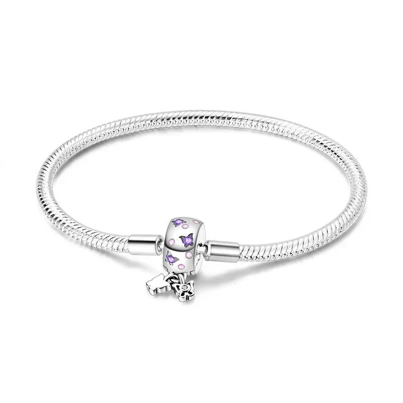 925 Silver Bracelet 17–20CM with Butterfly, Flower, Cat, Shell, Moon & Starfish Charms – DIY Birthday Jewelry Gift