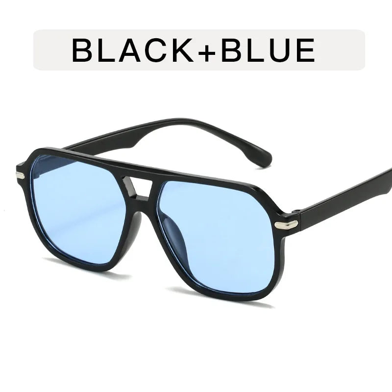 Retro Big Frame Square Sunglasses – Women & Men Double Beam One-Piece Designer Pilot Sun Glasses | Black Circular Cool Shades