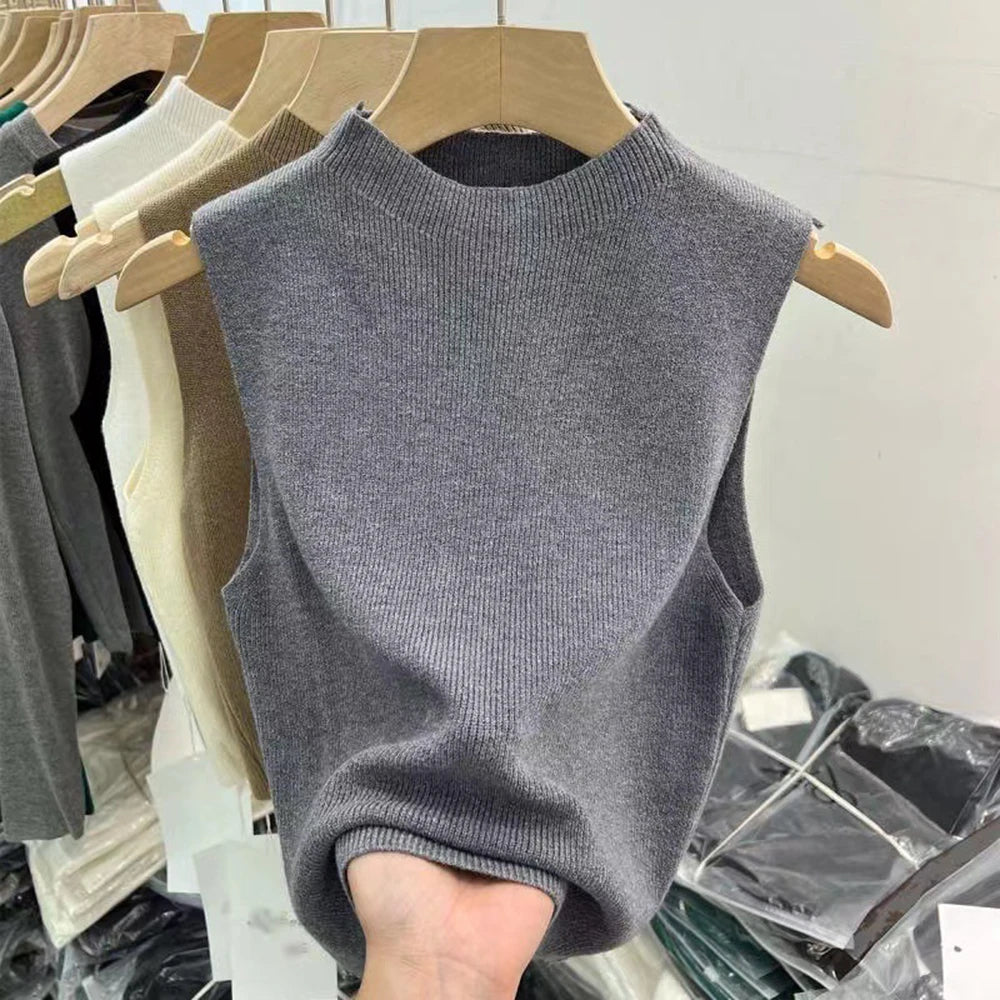 Women’s Knitted Vest Tank Top | Solid Color Cropped Camisole Sweater | Half-Turtleneck Sleeveless Spring Autumn Top