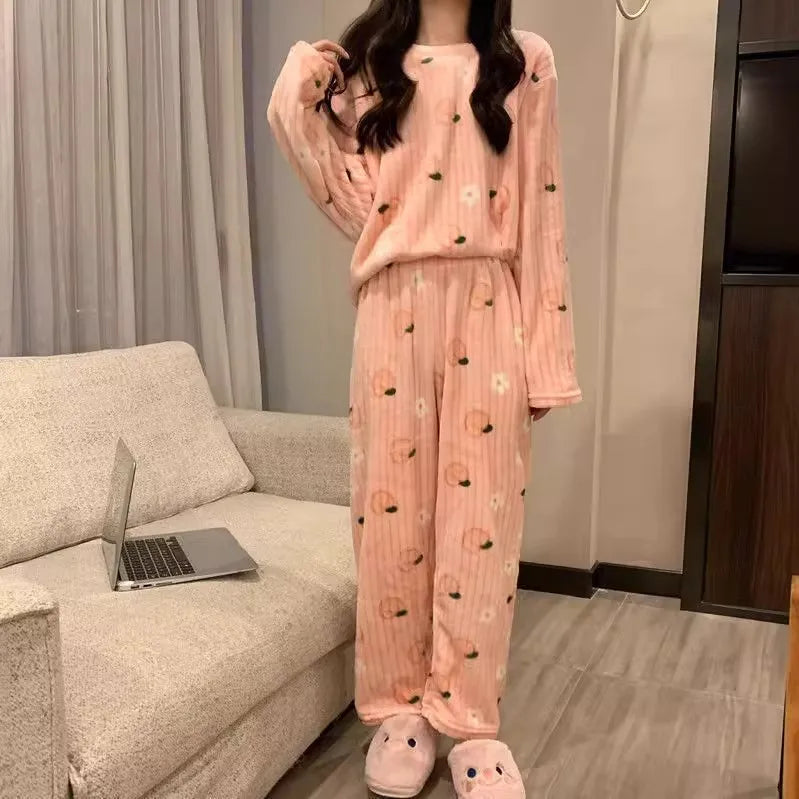 Adorable Sweet Coral Fleece Thiened Autumn Winter Loungewear Set – Women’s Casual Home Clothes | Long Pants Comfortable Leisurewear