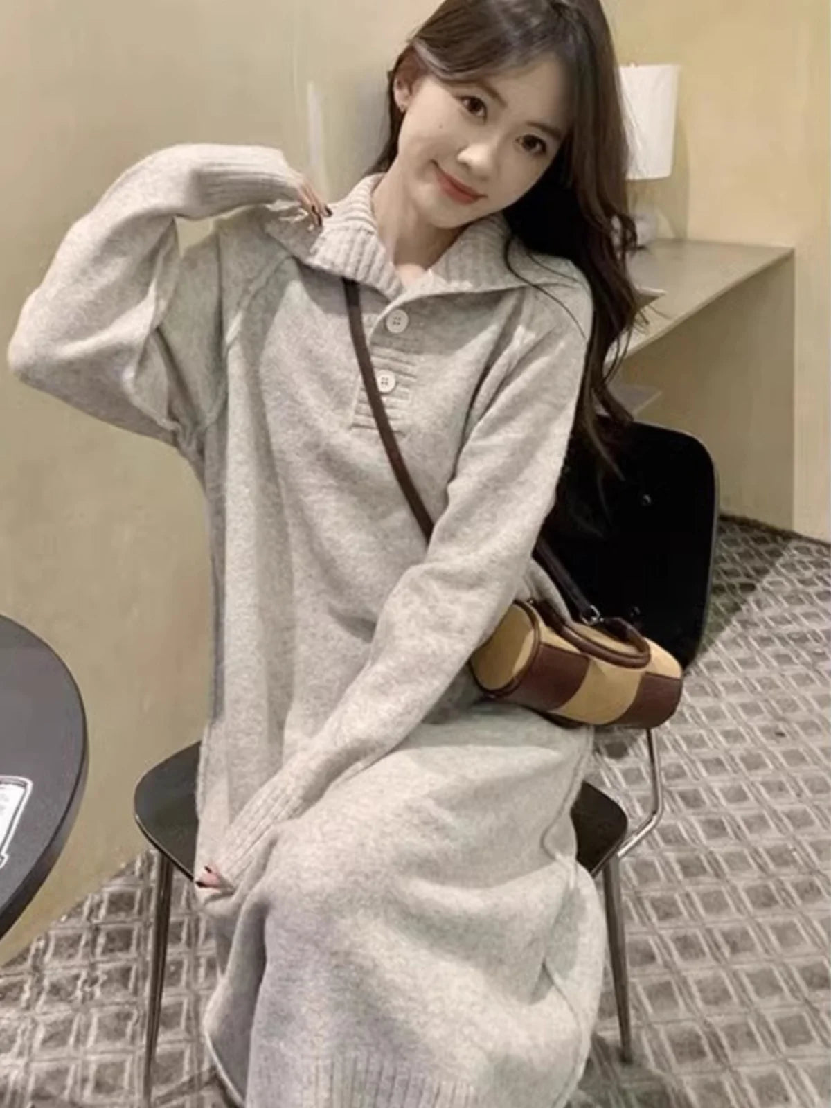 Women’s V-Neck Knitted Dress – Loose Fit Mid-Length Knee-Over Sweater Dress, Autumn Winter Base Layer Inner Wear
