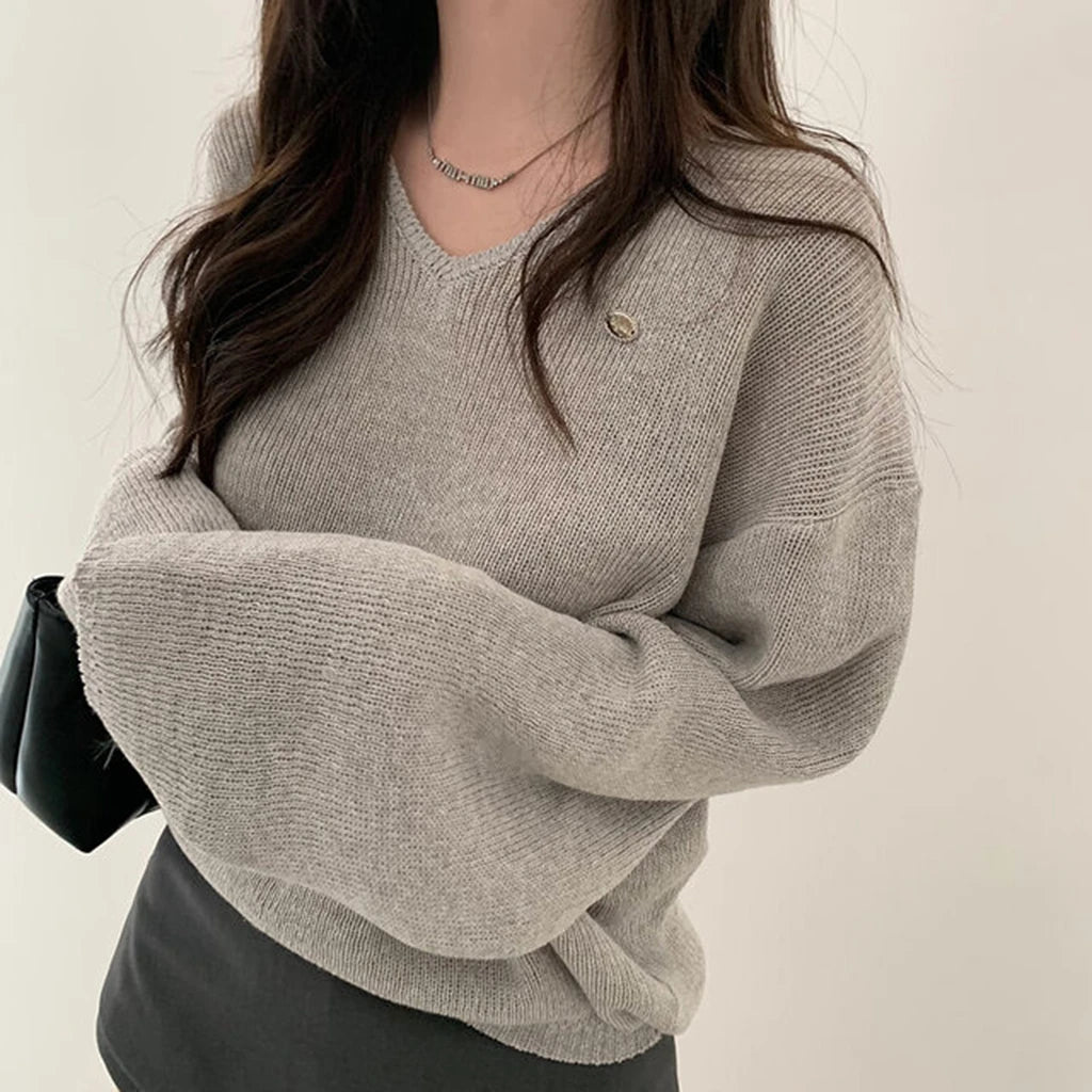 Loose Women’s Knitwear V-Neck Long Sleeve T-Shirt – Casual Comfortable Fashionable Autumn Top New Arrival