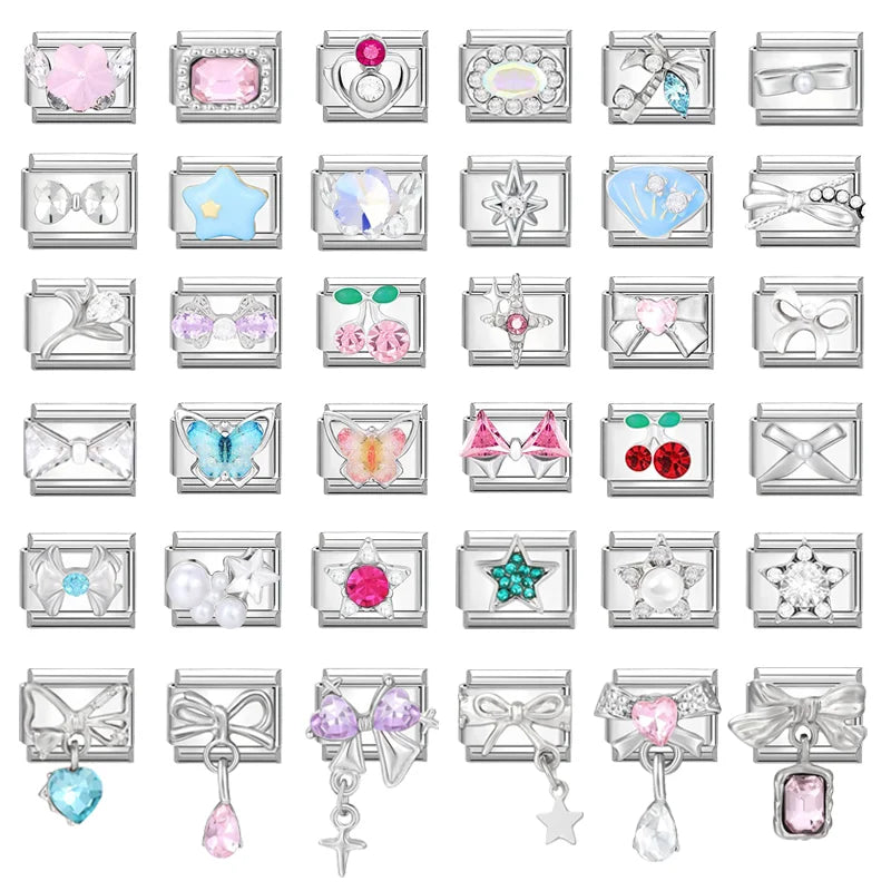 2025 Original Zircon Bow Knot Star Cherry Italian Charm | Stainless Steel 9mm Links DIY Modular Bracelet Jewelry Wholesale