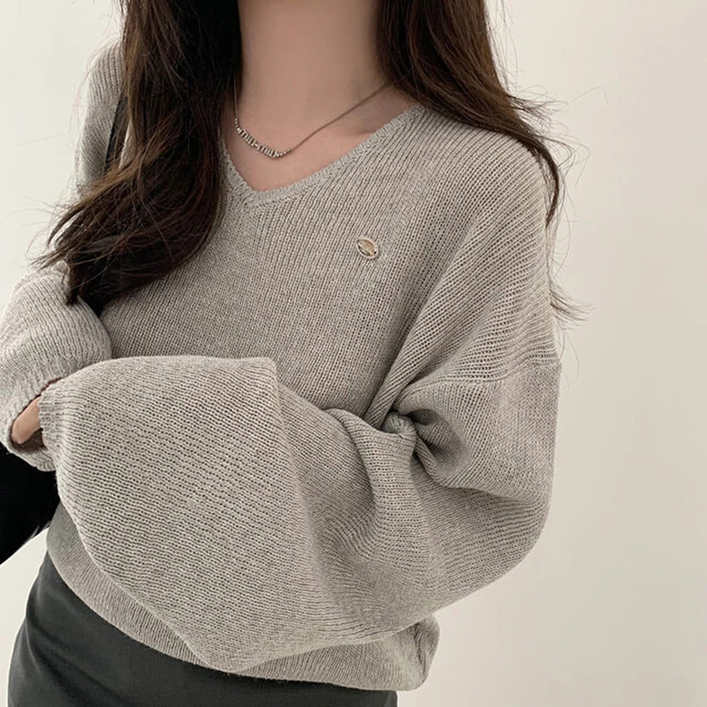 Loose Women’s Knitwear V-Neck Long Sleeve T-Shirt – Casual Comfortable Fashionable Autumn Top New Arrival