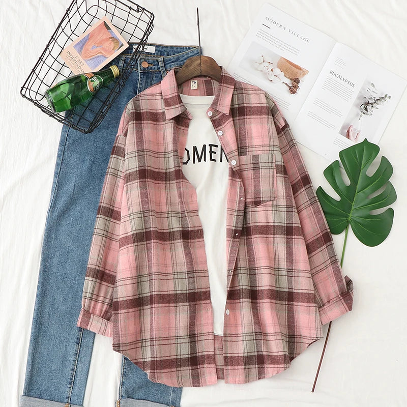 Fresh Flannel Plaid Shirt for Women | 2025 Loose Cotton Long Sleeve Casual Blouse & Top