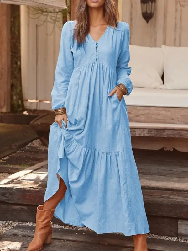 New Autumn Winter Women’s Long Dress – Retro V-Neck Button Long Sleeve Cotton Dress | Wide Swing Casual Fashion