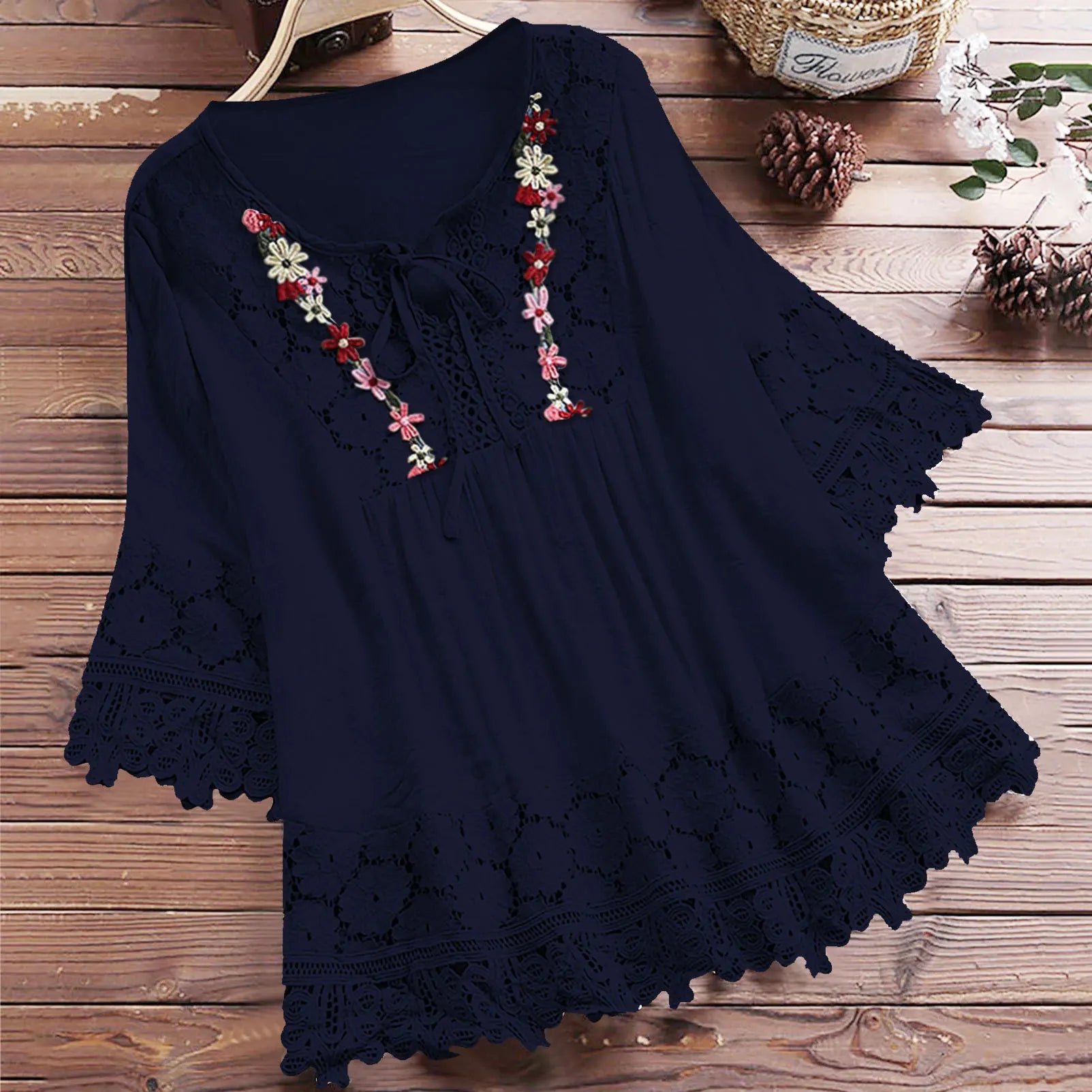 Summer Women Casual V-Neck Blouse – Cotton & Linen Lace Flower Loose Top 🌸☀️