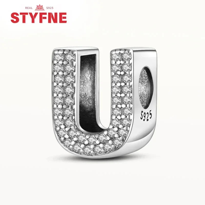 925 Sterling Silver Alphabet Letter Charm Beads with Shiny Zircon – A-Z Initial Beads for Pandora DIY Bracelet & Women’s Jewelry