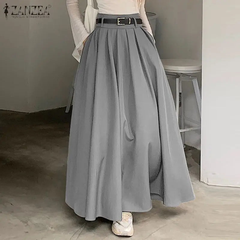 ZANZEA Women High Waist Pleated Swing Skirt – Vintage Korean Style Long Solid Skirt for Spring 2024