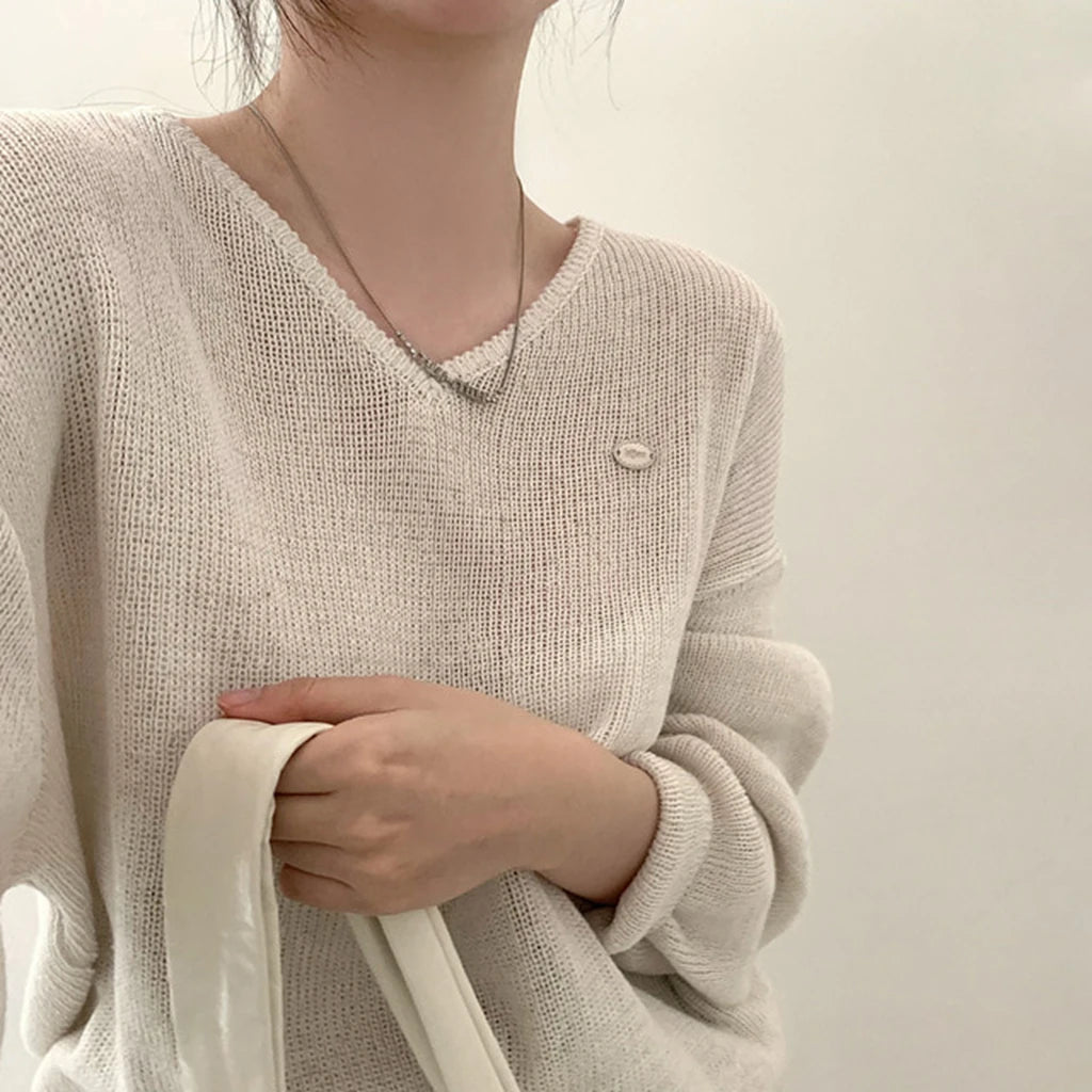 Loose Women’s Knitwear V-Neck Long Sleeve T-Shirt – Casual Comfortable Fashionable Autumn Top New Arrival