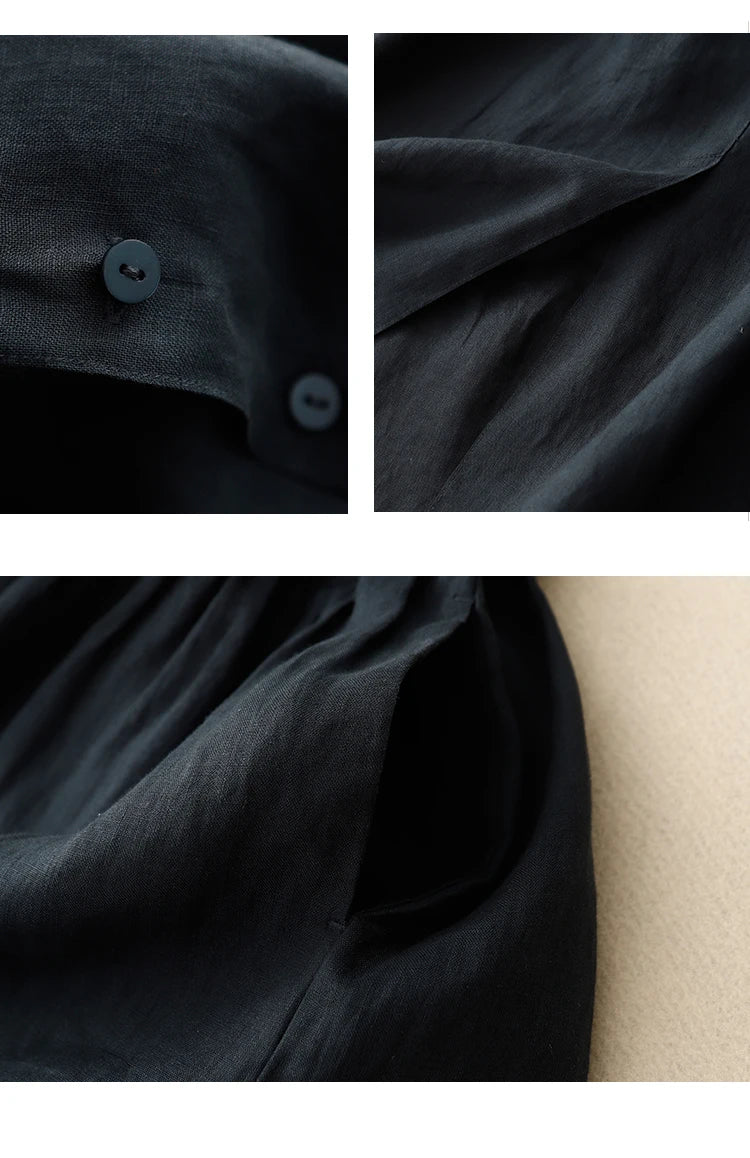 Pure Linen Shirt Dress – Women's Summer Lightweight Breathable Long Dress, Loose Plus Size with Slimming Belt