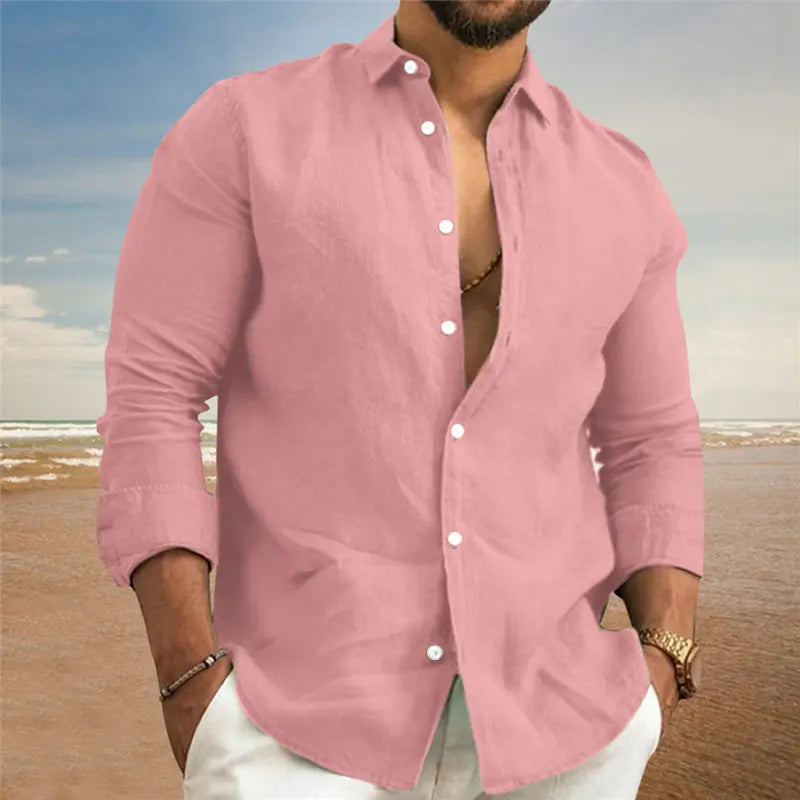 Men’s Linen Casual Shirt | Black & White Button Long Sleeve Beachwear S-3XL