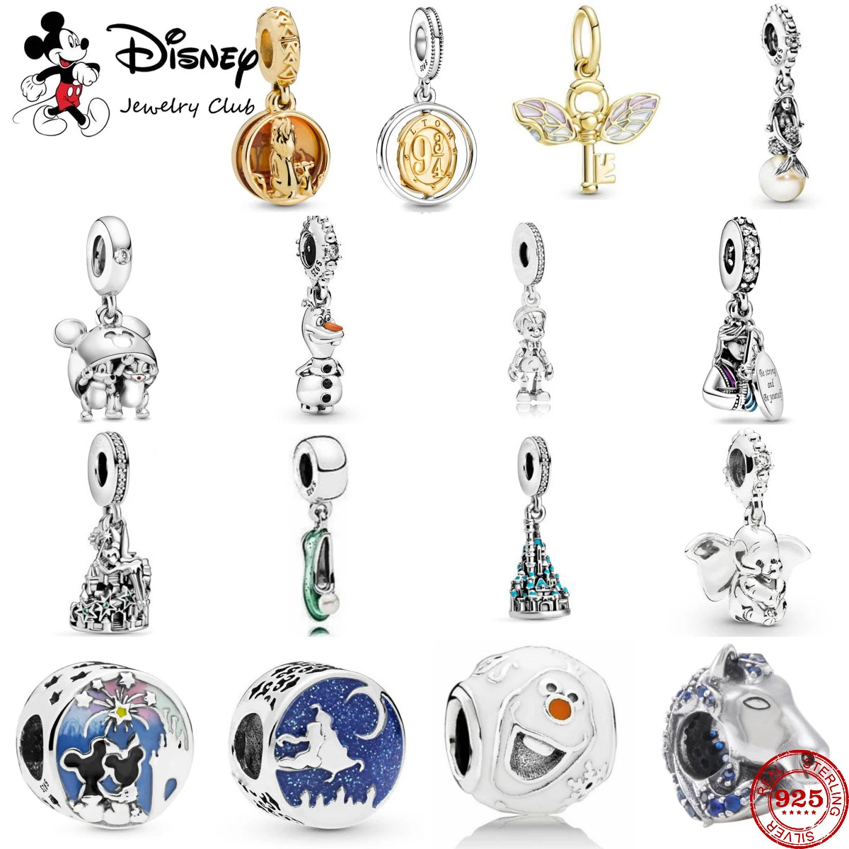 925 Sterling Silver Disney Castle Flower Fairy Rabbit Wings Charm | Fits Original Bracelet Pendant Women DIY Jewelry