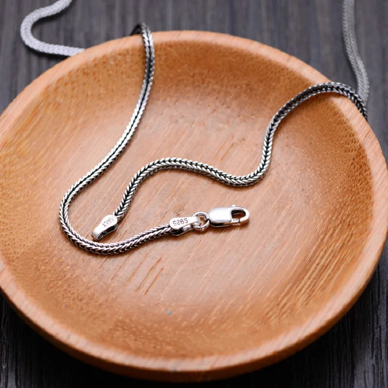 Real S925 Sterling Silver Foxtail Necklace for Men – 1.6mm Solid Snake Bone Chain Vintage Jewelry