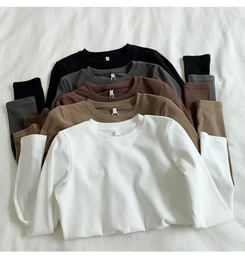 Women's Thermal Long Sleeve T-Shirt | Fleece-Lined Round Neck Top | Autumn Winter Fashionable Inner Wear