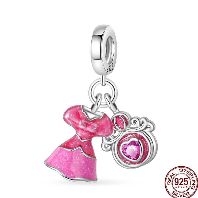 925 Sterling Silver Romantic Princess Charm Beads – Pink Dress, Lipstick & Dancing Shoes Fit 3MM Bracelet