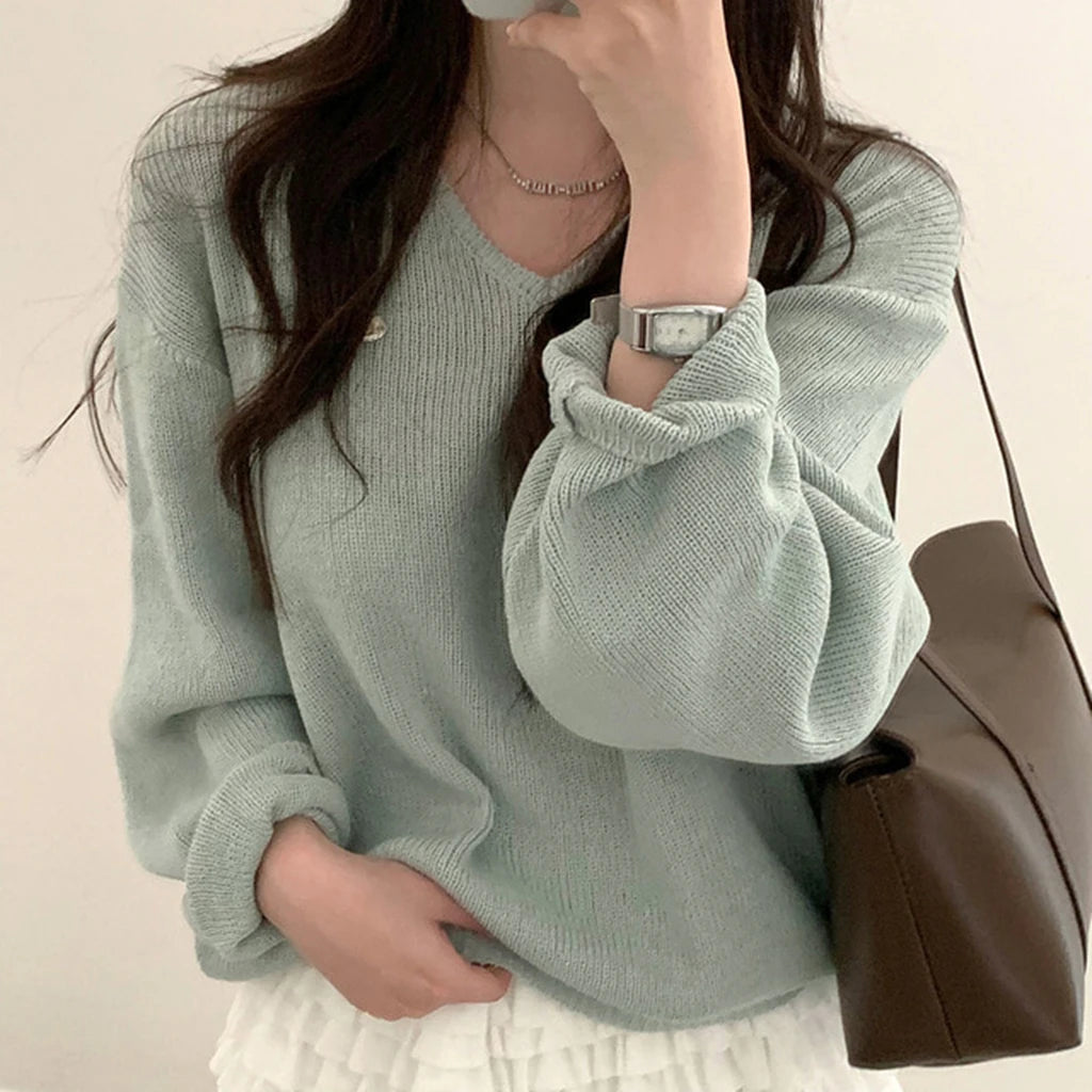 Loose Women’s Knitwear V-Neck Long Sleeve T-Shirt – Casual Comfortable Fashionable Autumn Top New Arrival