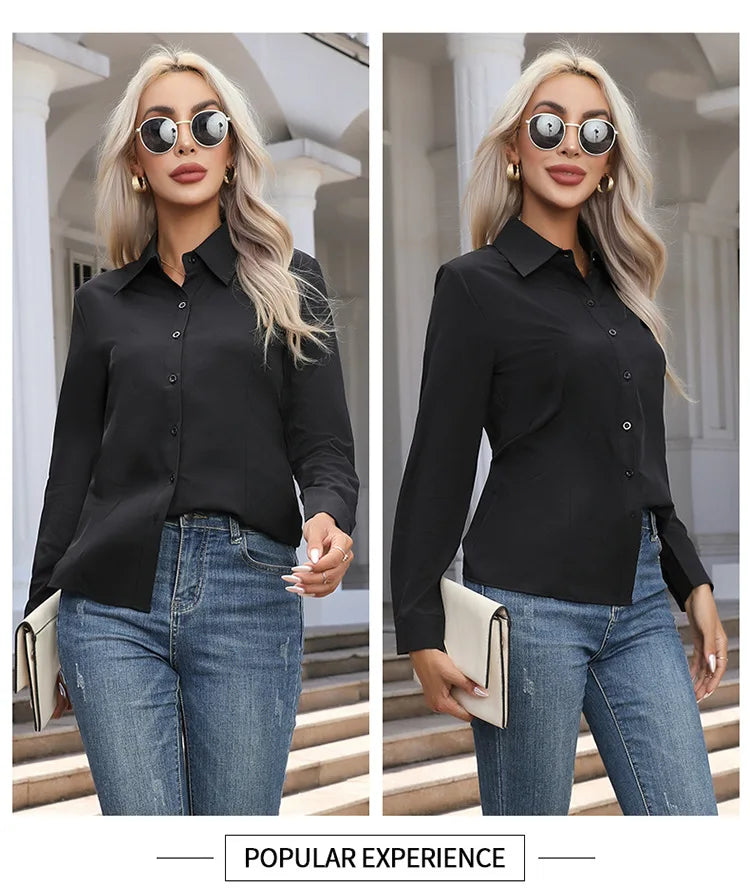 Women’s Solid Color Long Sleeve Shirt – Spring Autumn Casual Turn-Down Collar Loose Top