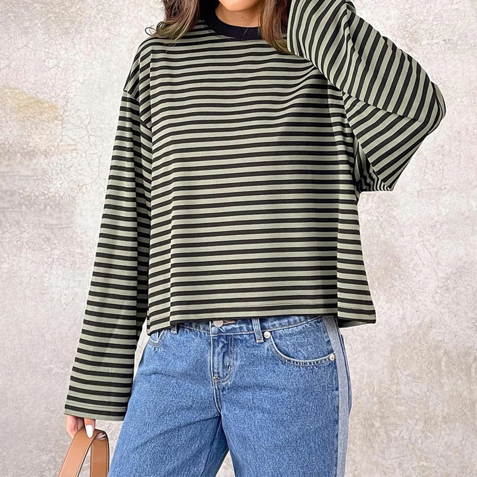 2025 Women's Retro Striped T-Shirt | Long Sleeve Crew Neck Top | Loose Fall Casual Streetwear
