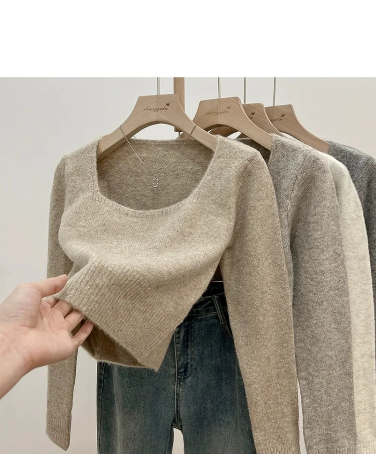 ✨ Soft Short Knitted Sweater Top for Women 🍁 Square Collar Slim Fit | Autumn Winter Inner Base Shirt 👚