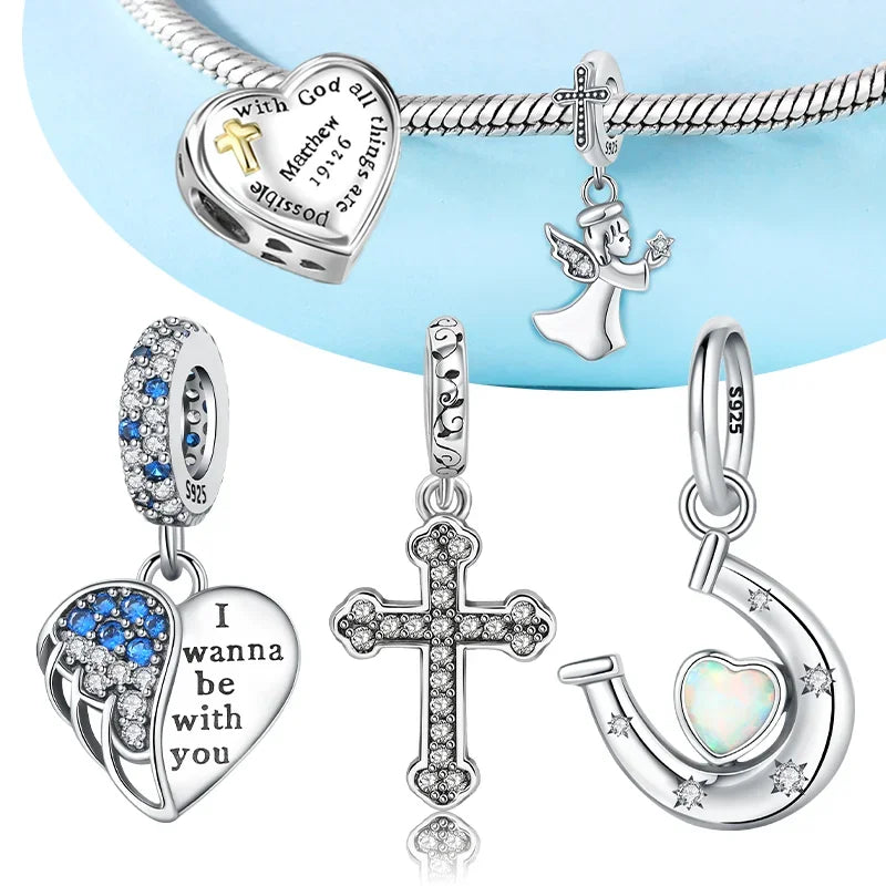 925 Sterling Silver Angel Cross Heart Charms | Fit Pandora Bracelet | Women’s DIY Jewelry Gift